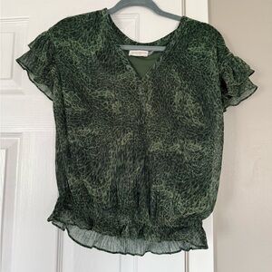 Ramy Brook Sparkly Green Leopard Festive Christmas Ruffle Top